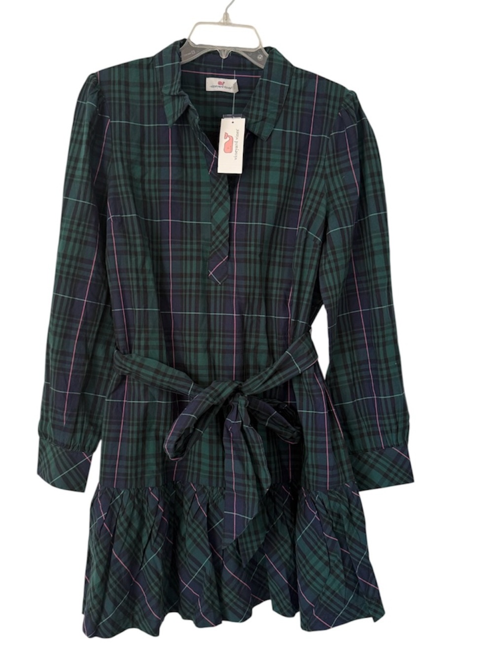 Vineyard vines popover dress Large Blackwatch Pink Pop Belted Plaid NWT